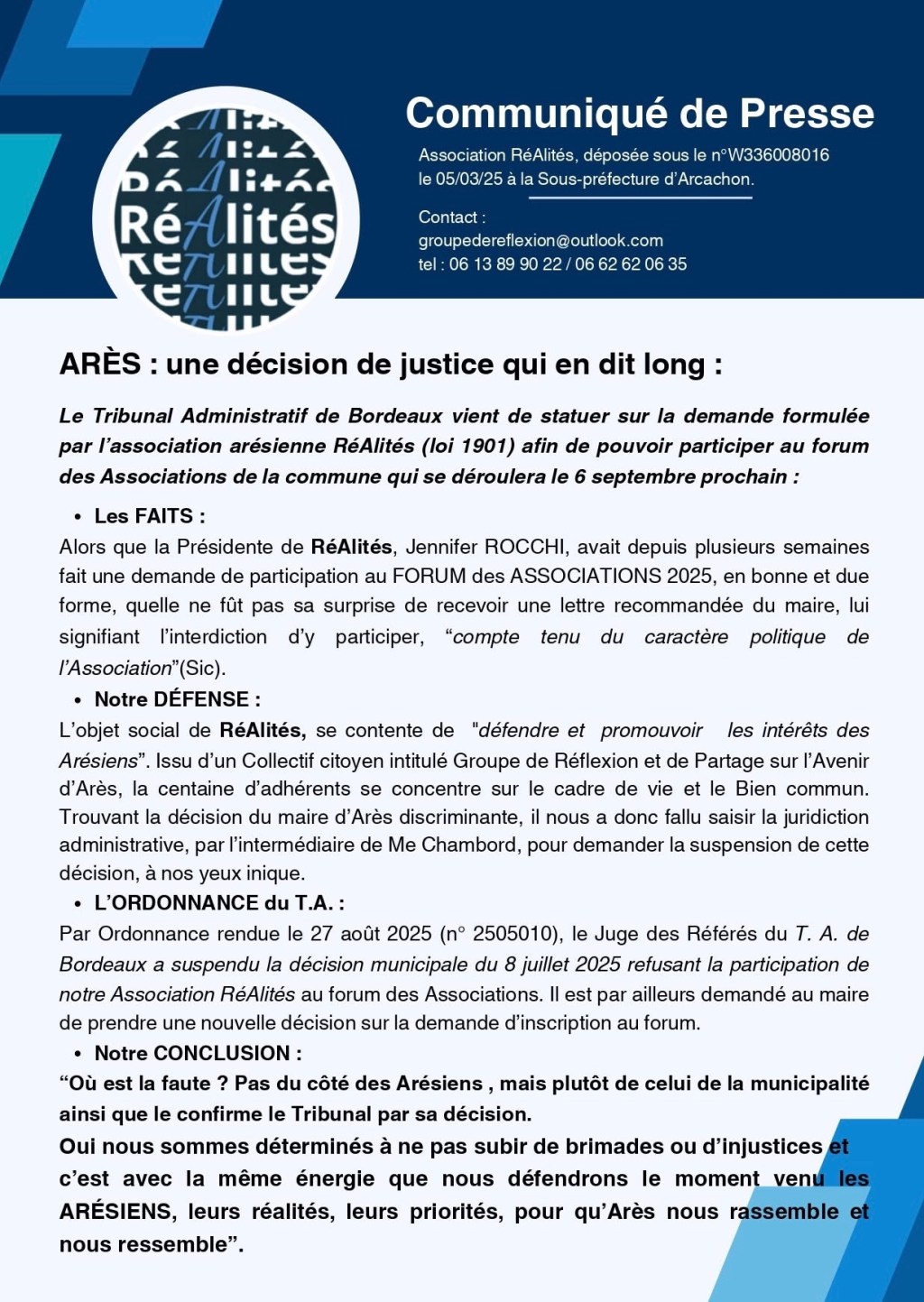 Arès : la Justice autorise l&rsquo;Association RéAlités à participer au Forum des Associations malgré le refus du Maire&nbsp;!